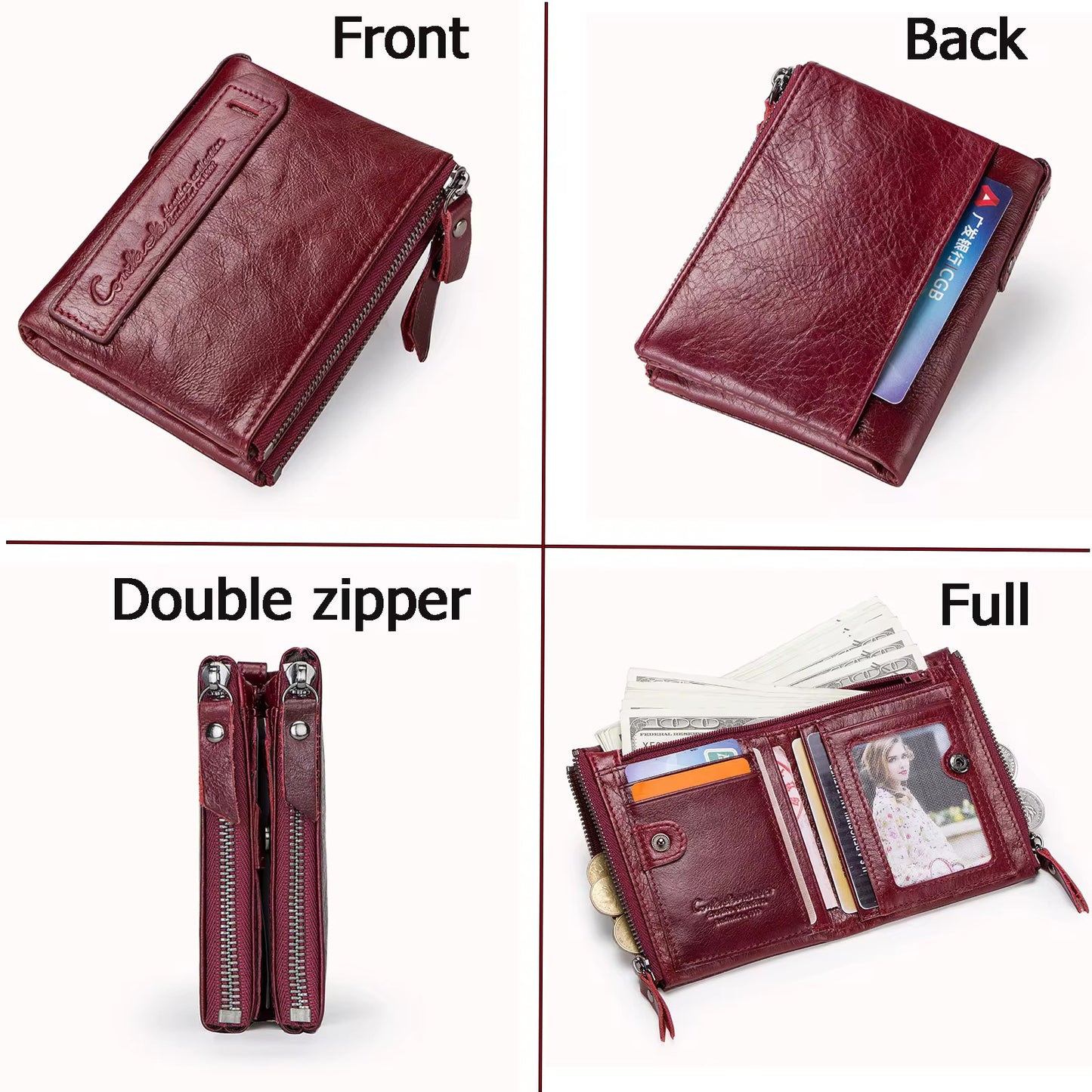 100% Genuine Red Leather double Zipper Wallet for Women