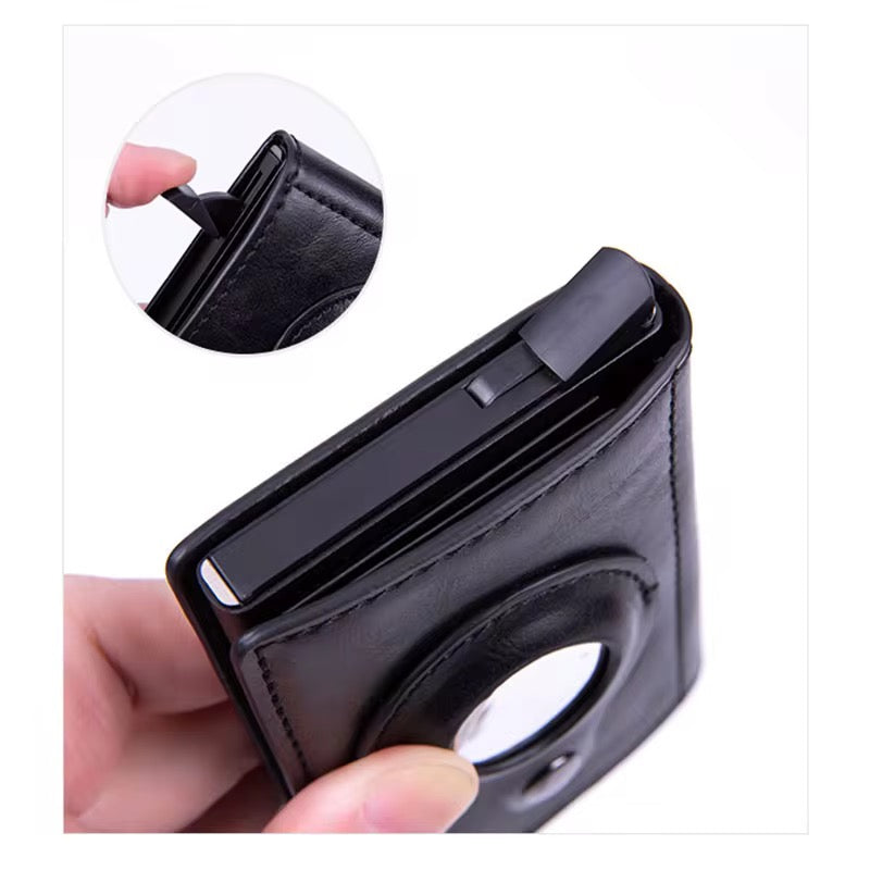Slim Black Leather Wallet popup design with space for air tag