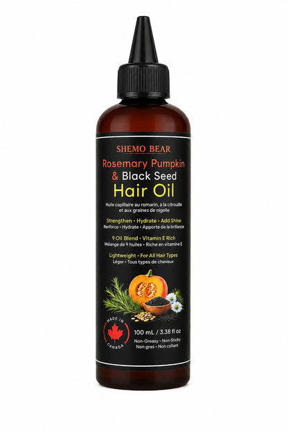 Shemo Bear Rosemary Pumpkin & Black Seed Hair Oil – 9 Oil Blend for Frizz Control, Shine & Softness | Lightweight Natural Hair Oil for Dry Hair | Made in Canada