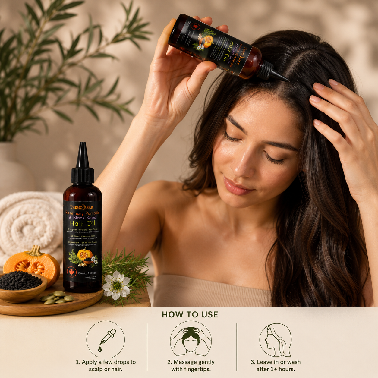 Shemo Bear Rosemary Pumpkin & Black Seed Hair Oil – 9 Oil Blend for Frizz Control, Shine & Softness | Lightweight Natural Hair Oil for Dry Hair | Made in Canada