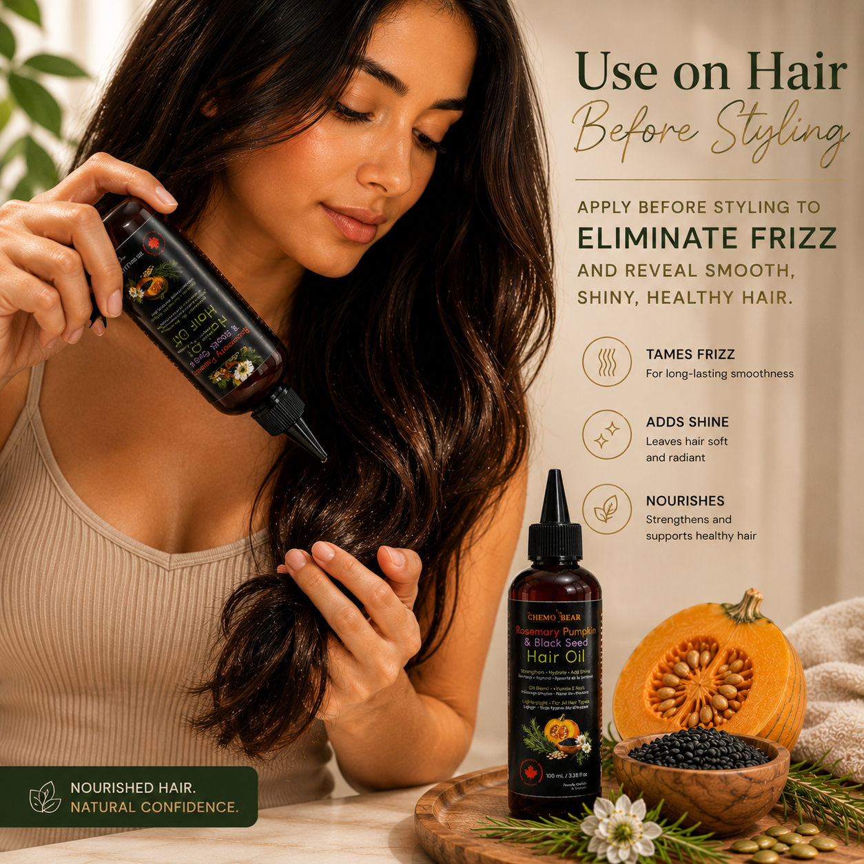 Shemo Bear Rosemary Pumpkin & Black Seed Hair Oil – 9 Oil Blend for Frizz Control, Shine & Softness | Lightweight Natural Hair Oil for Dry Hair | Made in Canada