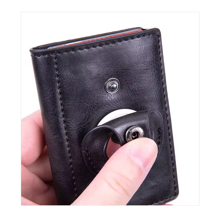 Slim Black Leather Wallet popup design with space for air tag