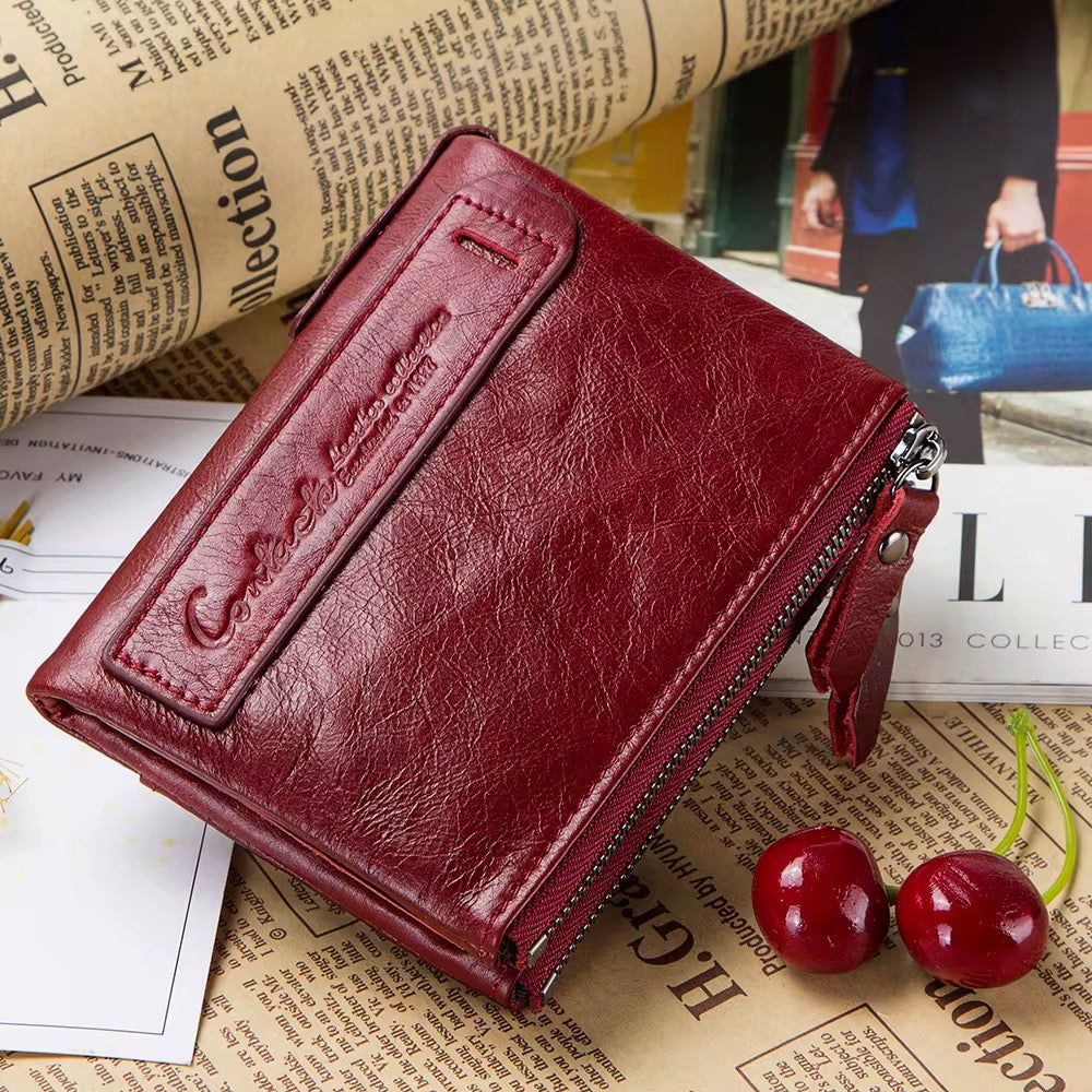100% Genuine Red Leather double Zipper Wallet for Women