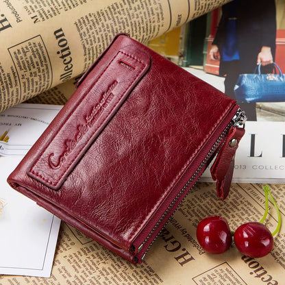 100% Genuine Red Leather double Zipper Wallet for Women