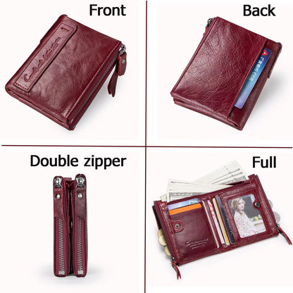 100% Genuine Red Leather double Zipper Wallet for Women