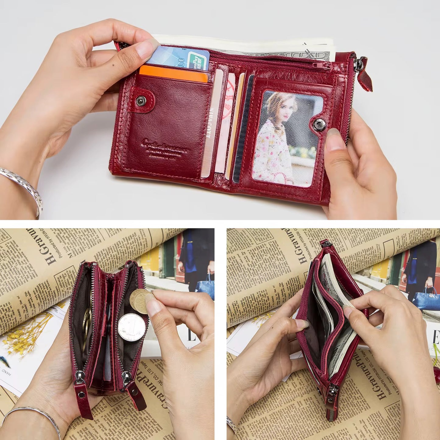 100% Genuine Red Leather double Zipper Wallet for Women