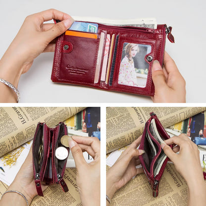 100% Genuine Red Leather double Zipper Wallet for Women