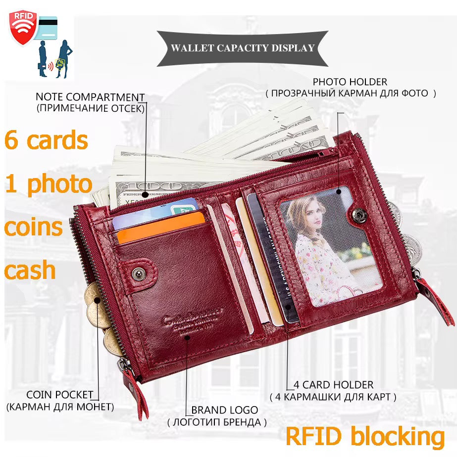 100% Genuine Red Leather double Zipper Wallet for Women