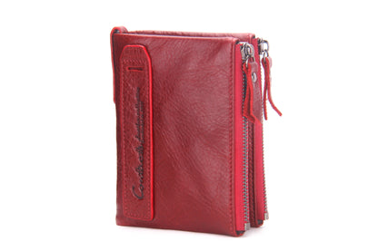 100% Genuine Red Leather double Zipper Wallet for Women